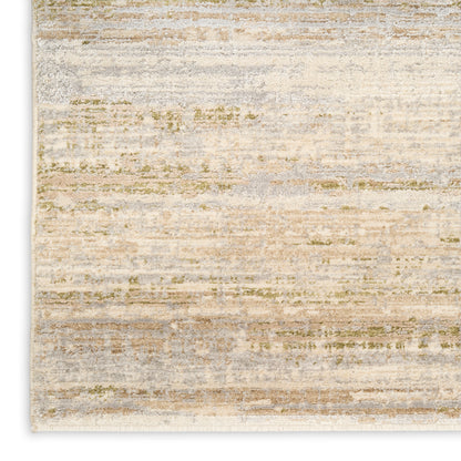 Neutral abstract rug in cream, beige, gray and sage; soft textured fibers with fringe edges.