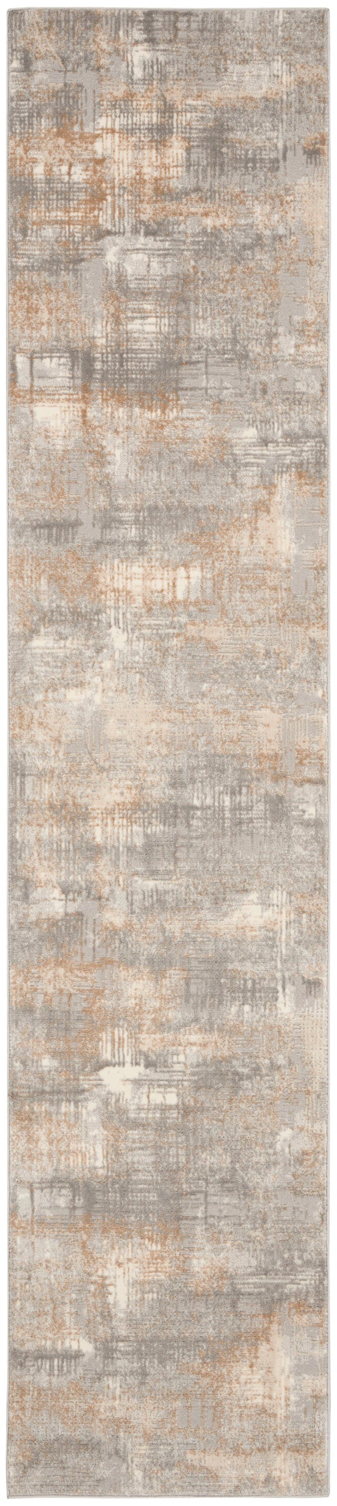 Long abstract gray and beige rug runner with tan brushstroke pattern and subtle texture.