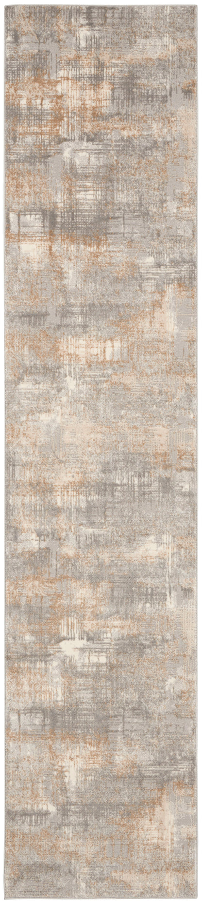 Long abstract gray and beige rug runner with tan brushstroke pattern and subtle texture.