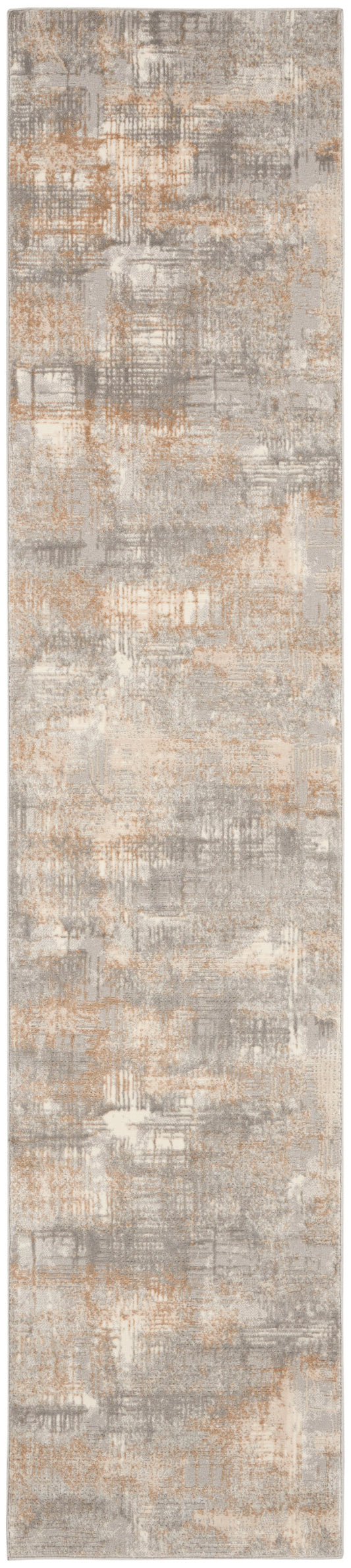 Long abstract gray and beige rug runner with tan brushstroke pattern and subtle texture.