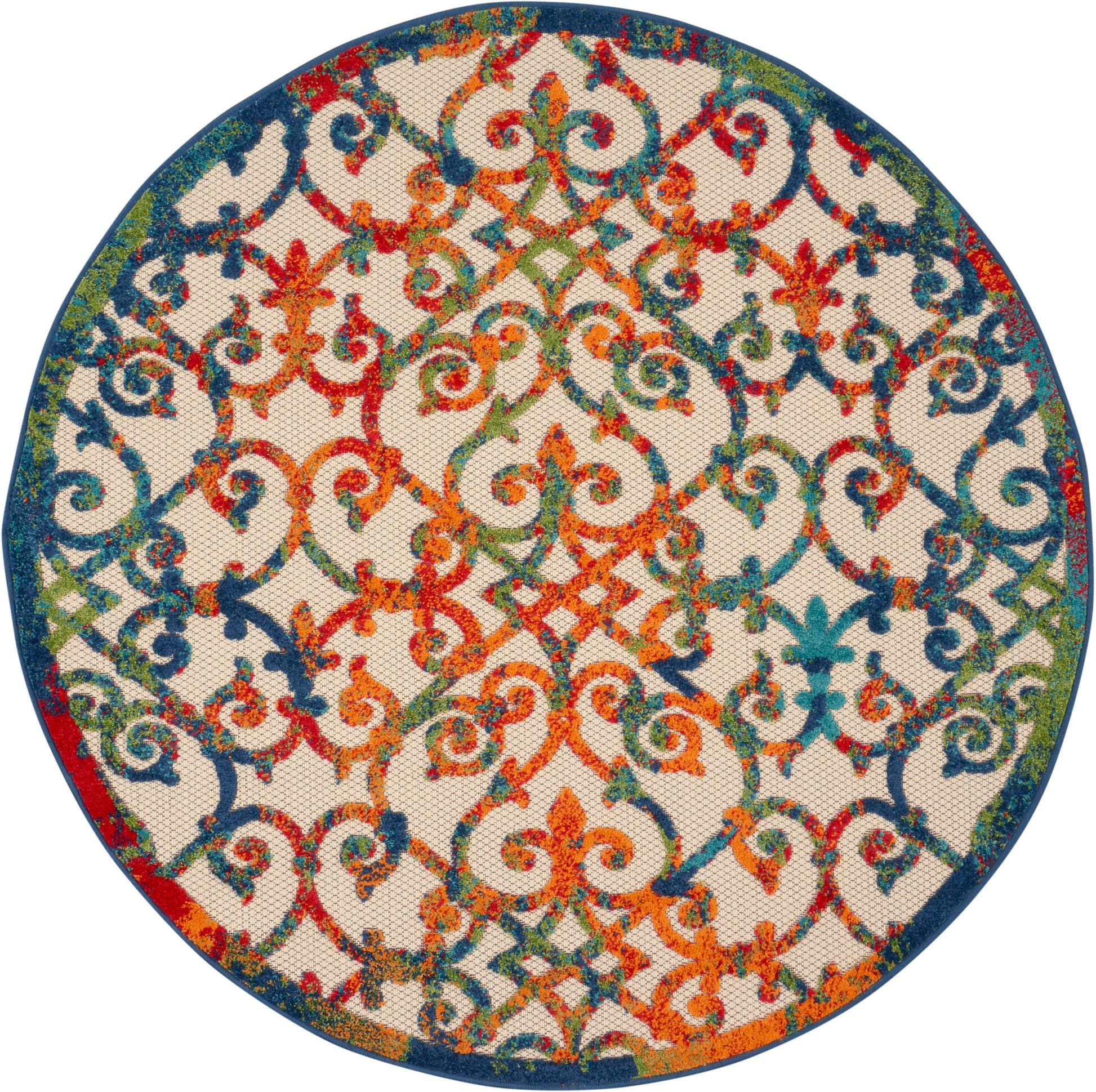 Round wall decor with multicolor arabesque lattice mosaic in orange, blue, green on beige background; blue rim.