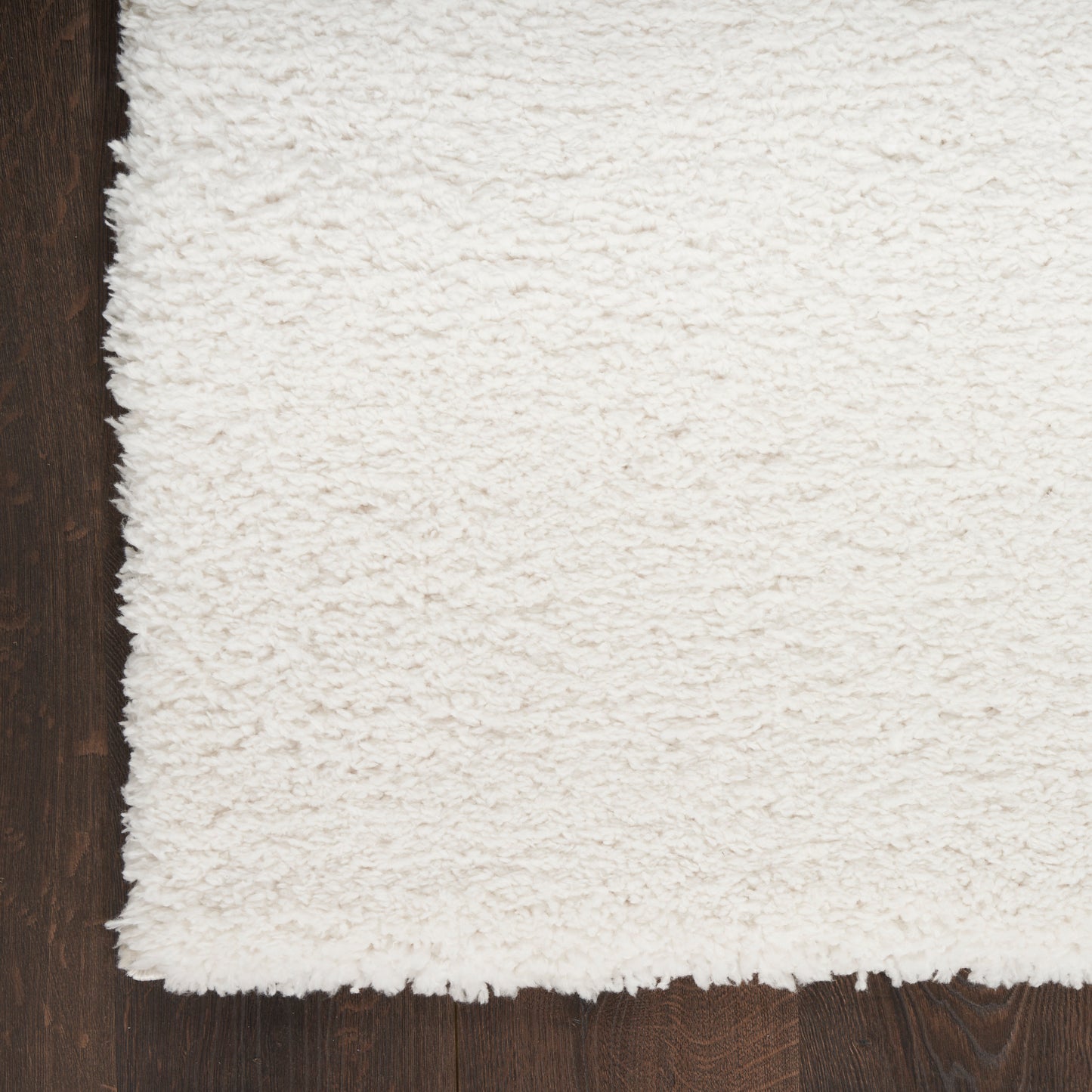 Ivory shag rug with plush pile on dark wood floor; rectangular, cozy modern home decor.