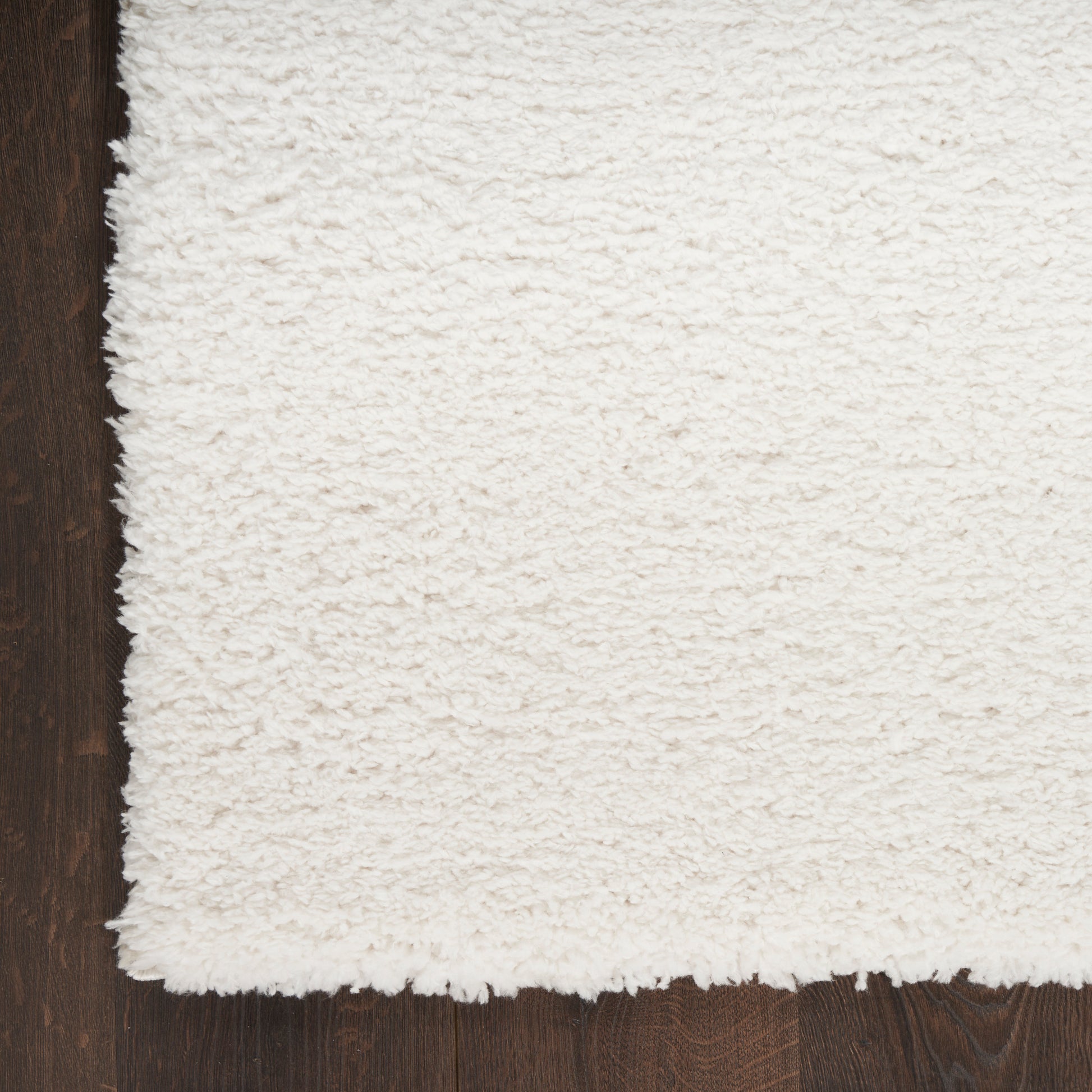 Ivory shag rug with plush pile on dark wood floor; rectangular, cozy modern home decor.