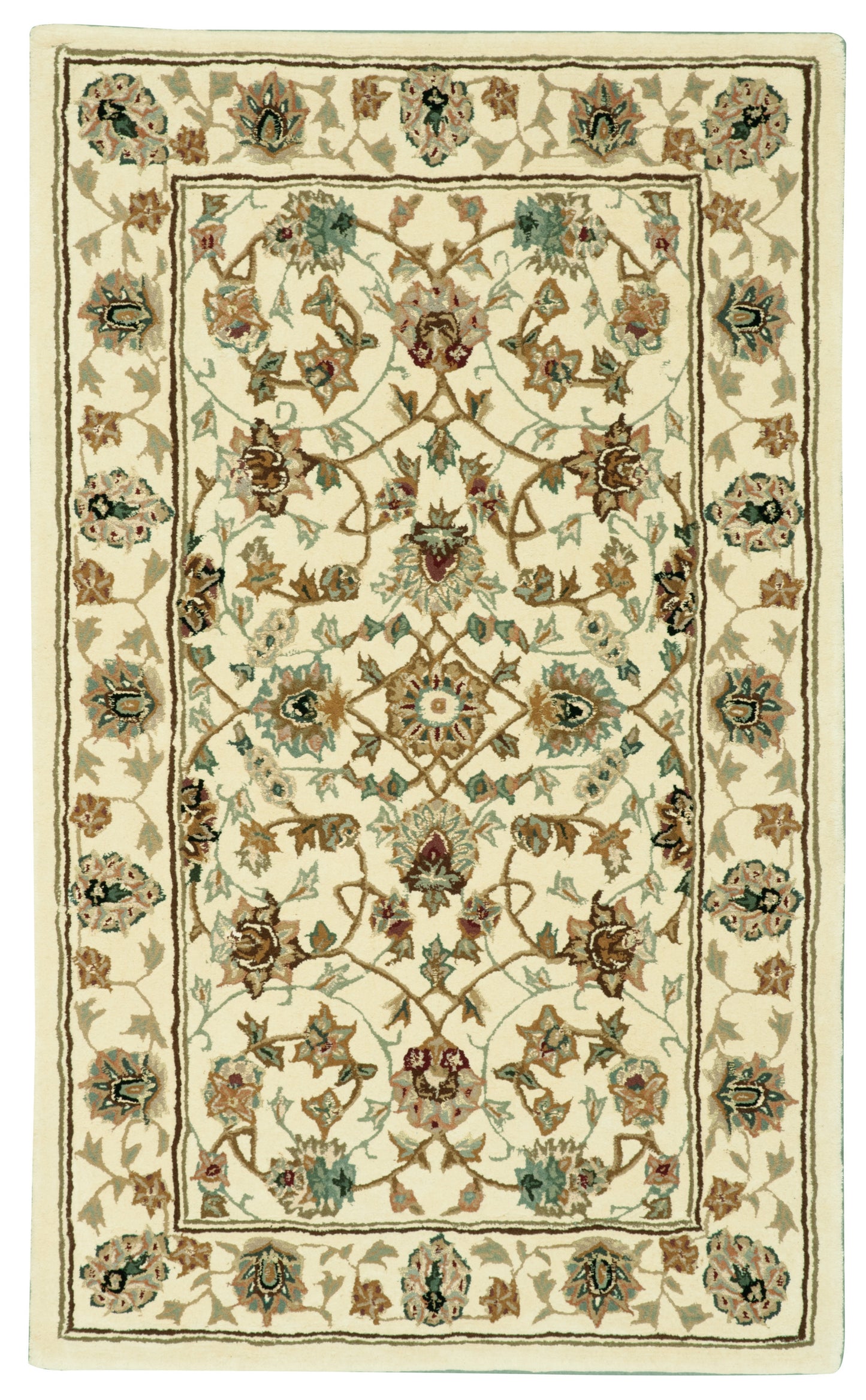 Rectangular cream oriental rug with multicolored floral vines, medallions, and ivory border; blue, green, and brown accents.