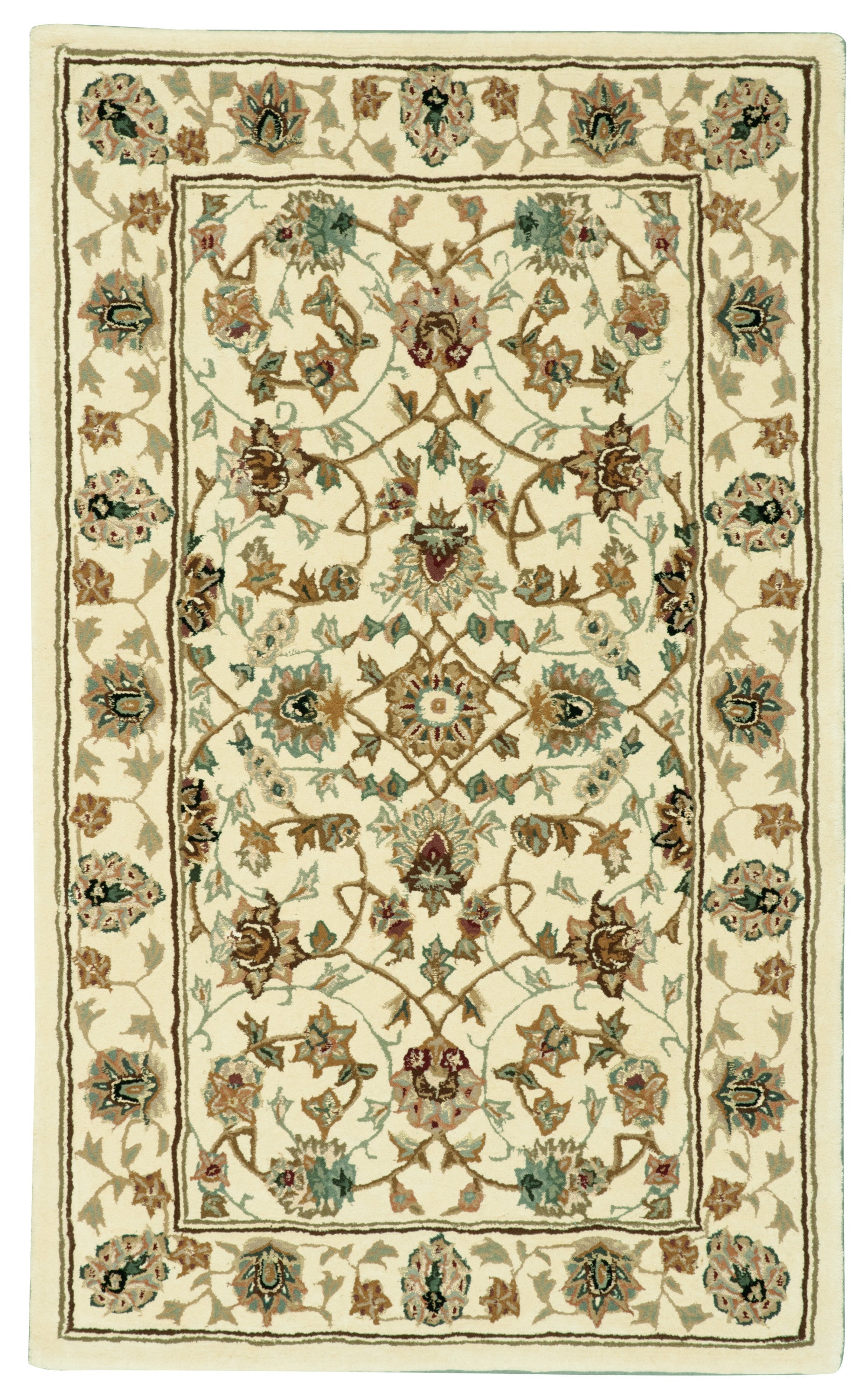 Rectangular cream oriental rug with multicolored floral vines, medallions, and ivory border; blue, green, and brown accents.