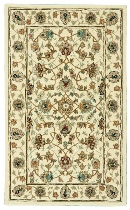 Rectangular cream oriental rug with multicolored floral vines, medallions, and ivory border; blue, green, and brown accents.