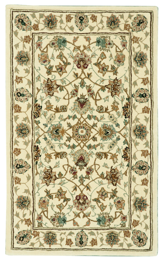 Rectangular cream oriental rug with multicolored floral vines, medallions, and ivory border; blue, green, and brown accents.