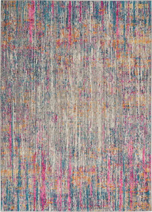 Abstract multicolor area rug with vertical streaks in pink, blue, teal, orange on beige background.