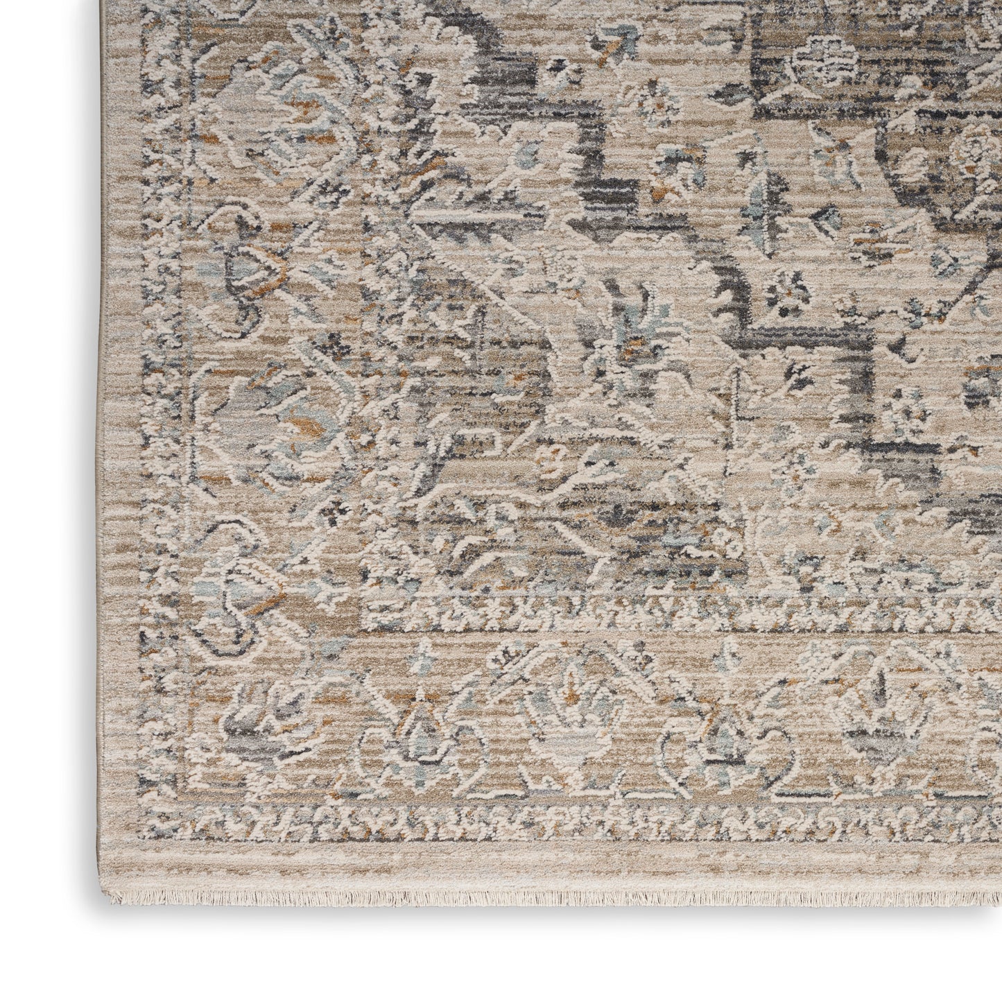 Beige oriental rug with distressed blue and gray pattern, decorative floral border, fringed edges.