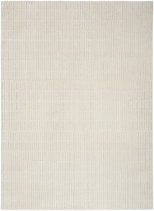 Cream woven area rug with a pale grid stripe pattern and soft textured surface.