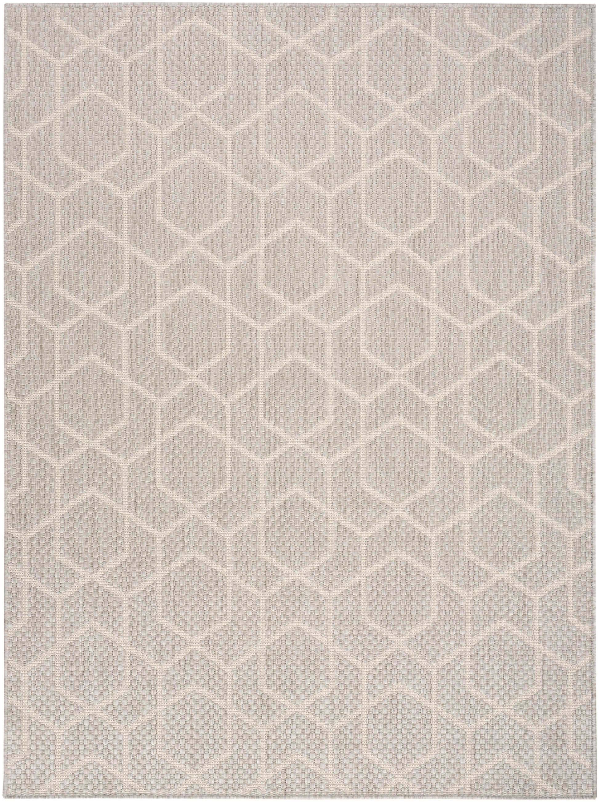 Beige woven area rug, 5' x 7', with interlocking hexagon lattice pattern and subtle textured surface.
