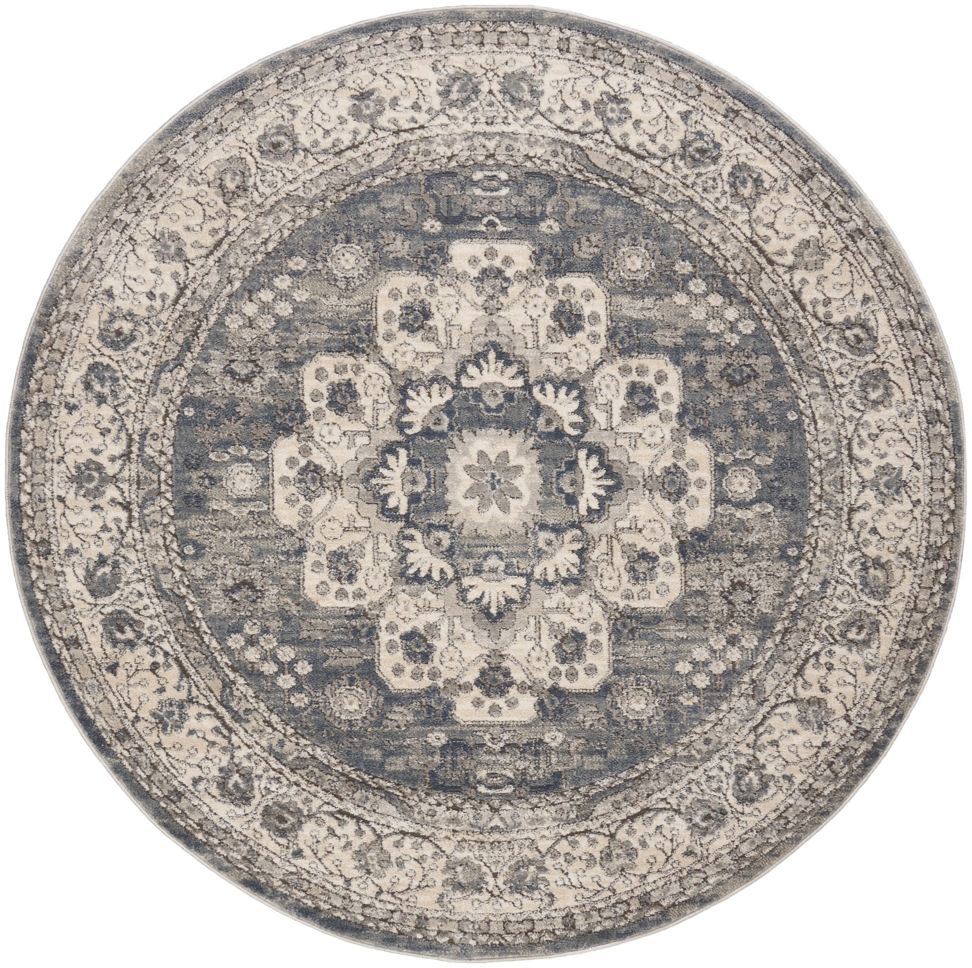 Round oriental-style rug in grey and ivory with a central floral medallion and ornate border.
