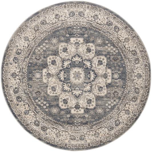 Round oriental-style rug in grey and ivory with a central floral medallion and ornate border.