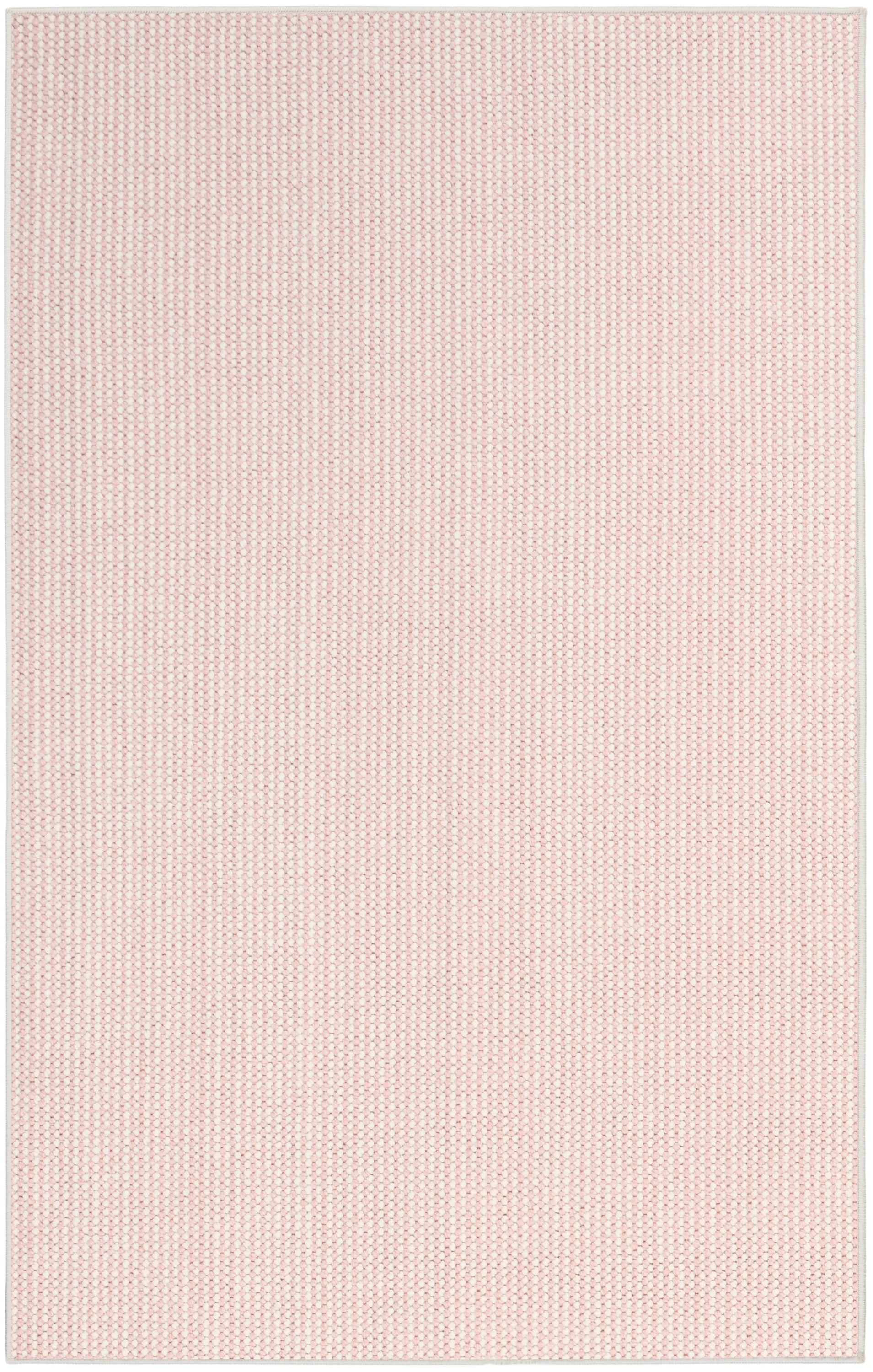 Rectangular pale pink woven rug with subtle looped texture and light beige border.