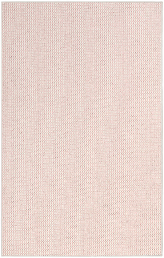 Rectangular pale pink woven rug with subtle looped texture and light beige border.