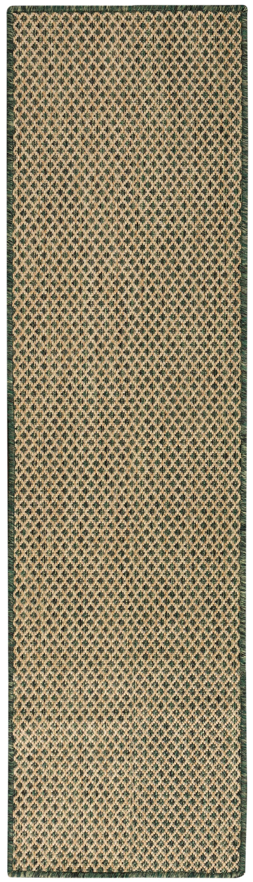 Beige woven rug runner with dark green diamond lattice pattern and green border, long hallway runner.