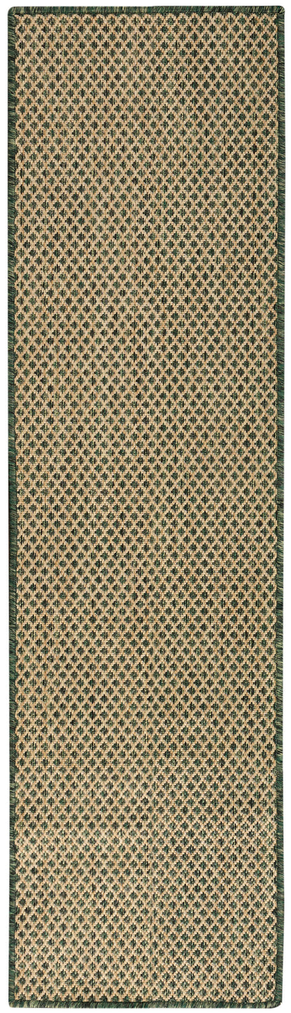 Beige woven rug runner with dark green diamond lattice pattern and green border, long hallway runner.