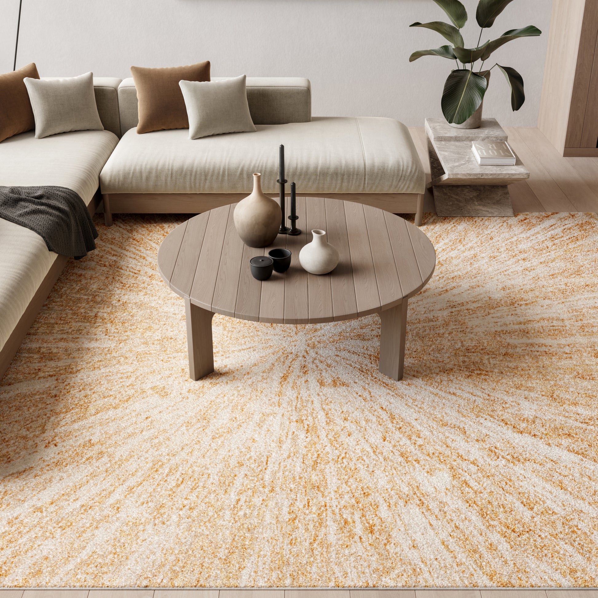 Sunburst beige rug in a neutral living room with a taupe sofa.