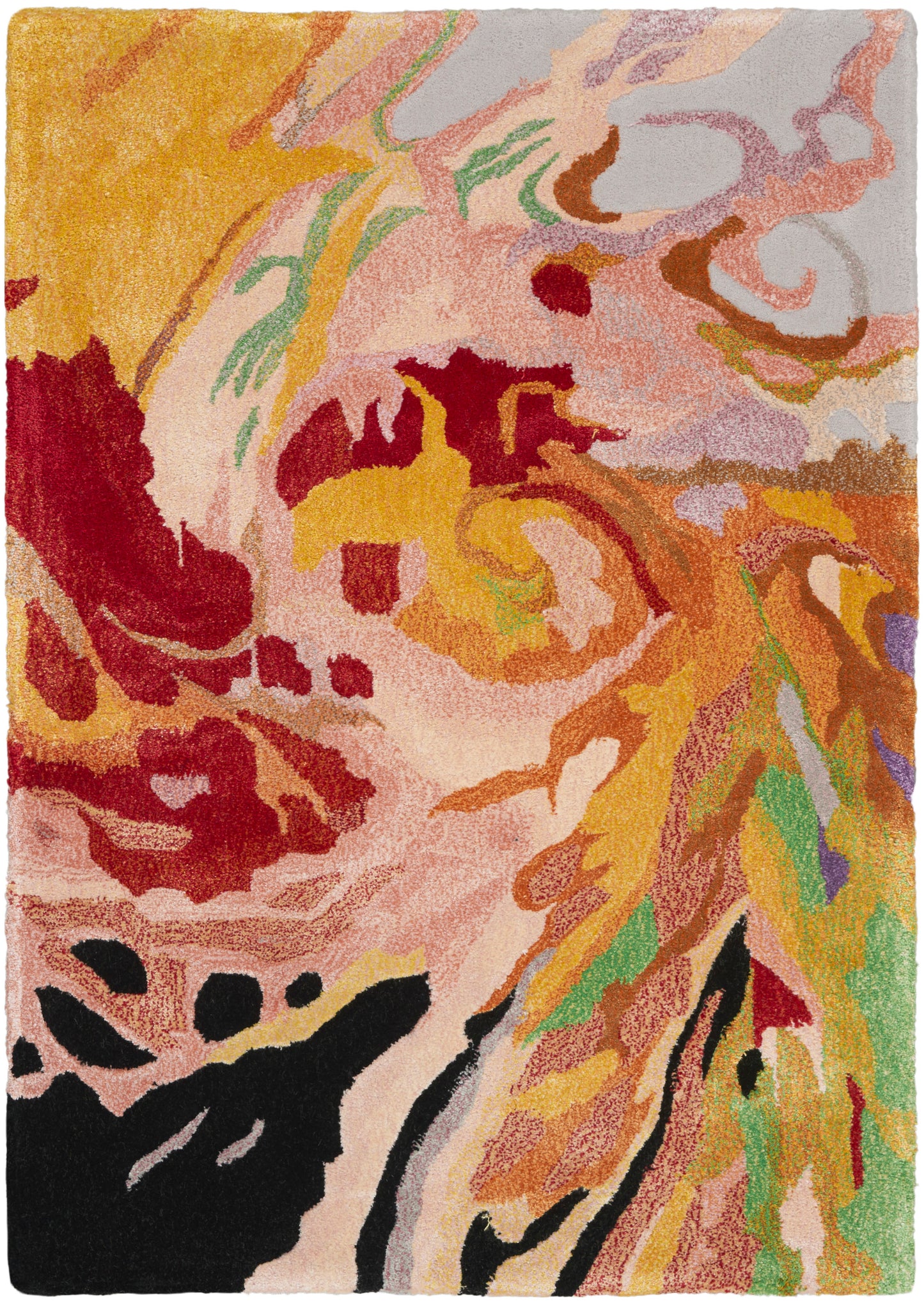 Rectangular plush rug with an abstract floral pattern in warm orange, pink, yellow, red, green and black accents.