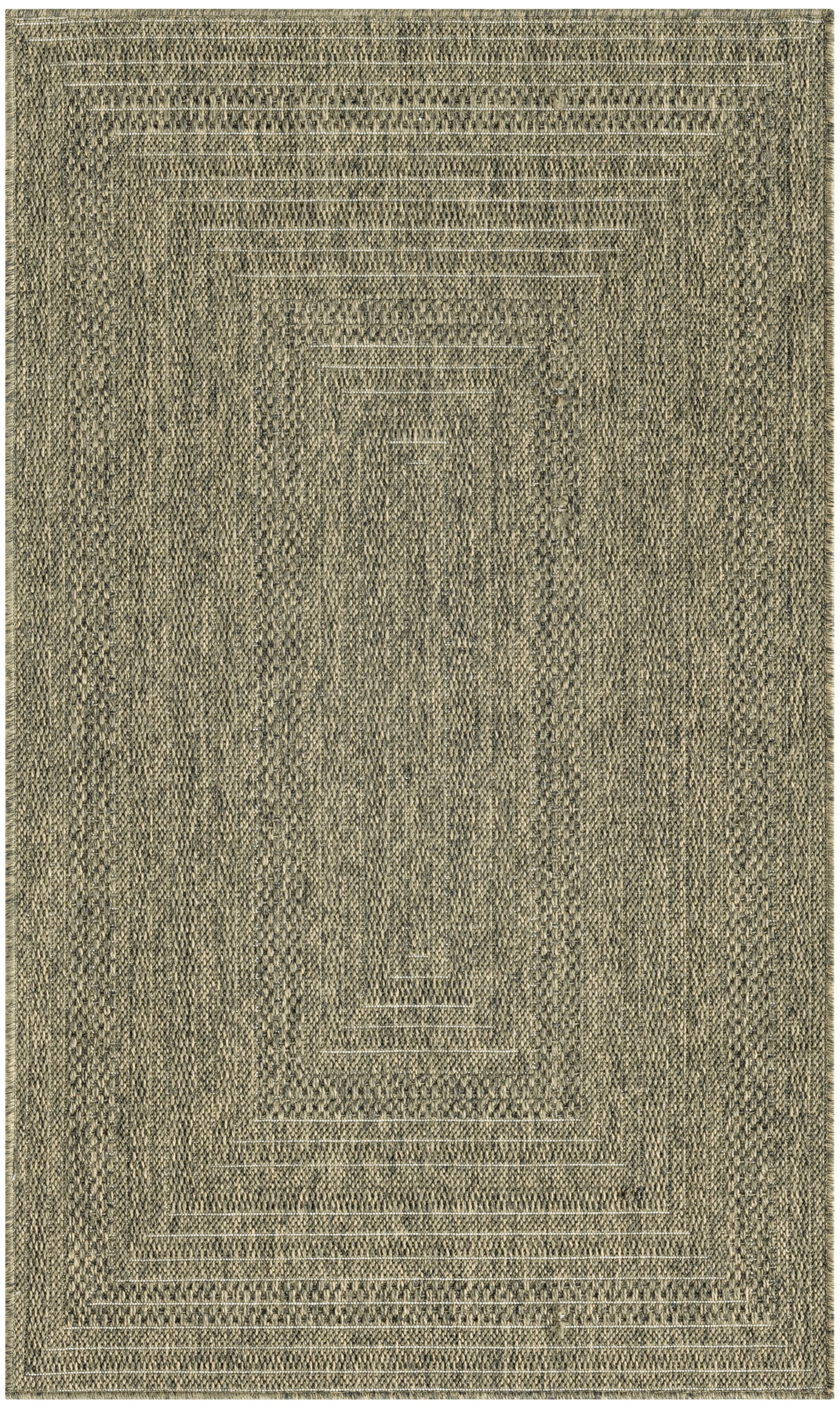 Olive-beige woven area rug with concentric rectangular borders & textured geometric motifs
