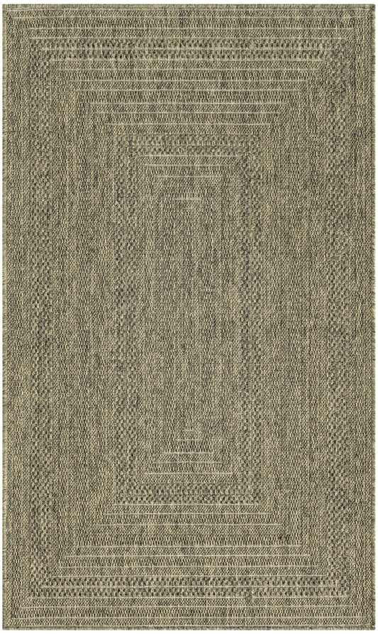 Olive-beige woven area rug with concentric rectangular borders & textured geometric motifs