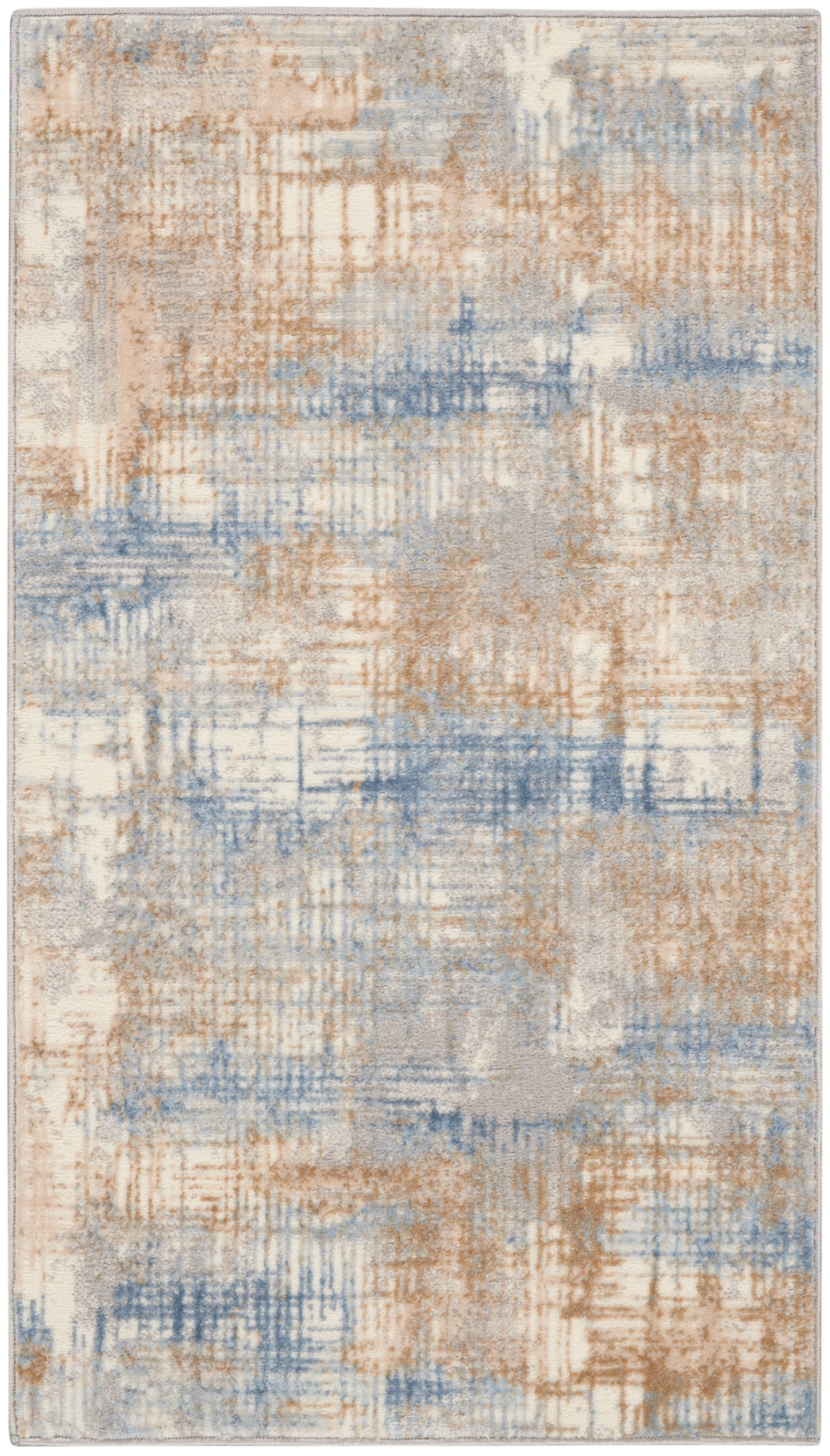 Abstract blue, tan and ivory area rug with a distressed pattern; rectangular, soft pile, modern decor.