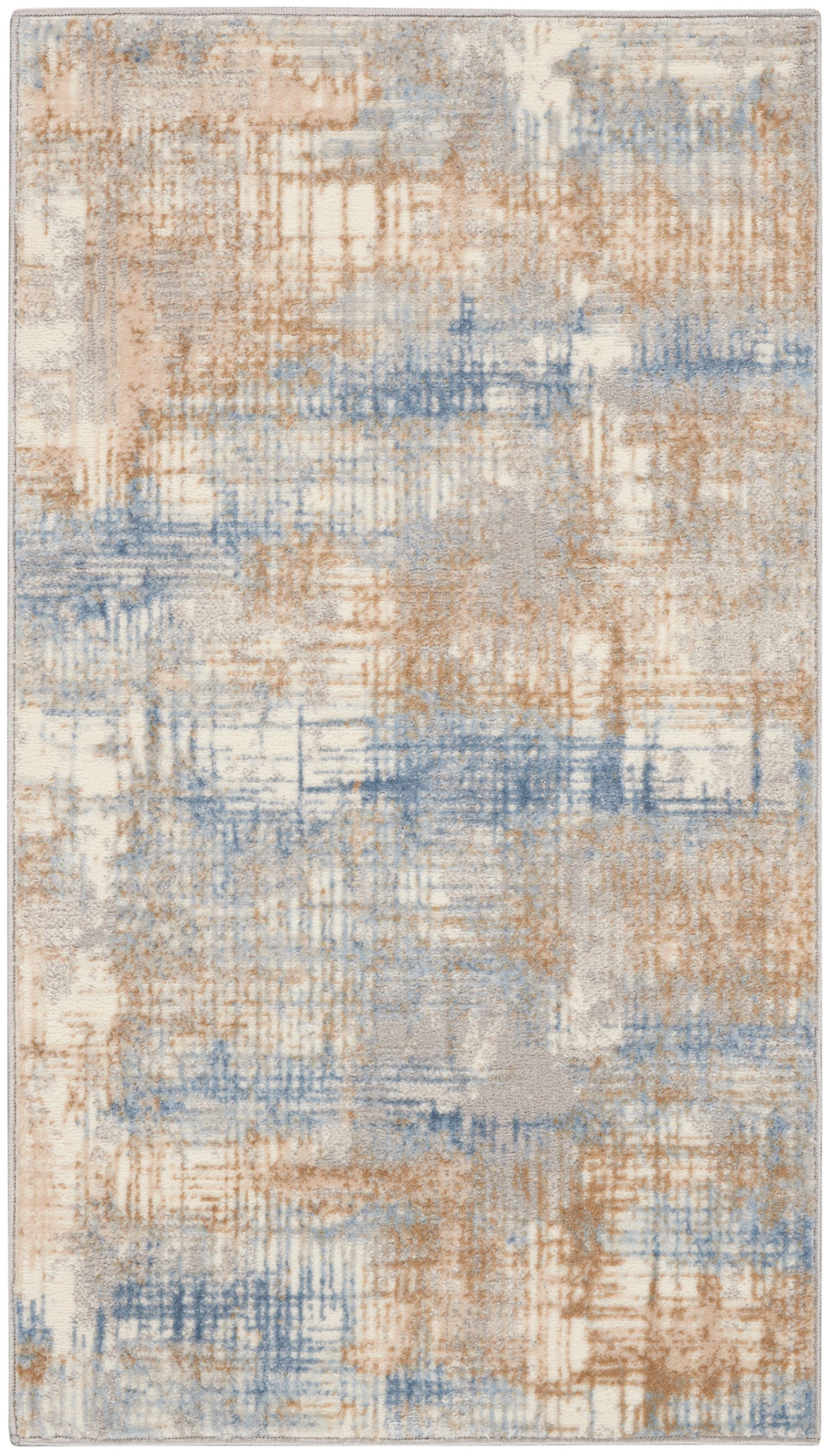 Abstract blue, tan and ivory area rug with a distressed pattern; rectangular, soft pile, modern decor.