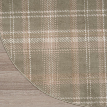 Beige plaid rug with taupe and white stripes, soft woven texture, curved edge on wood floor.