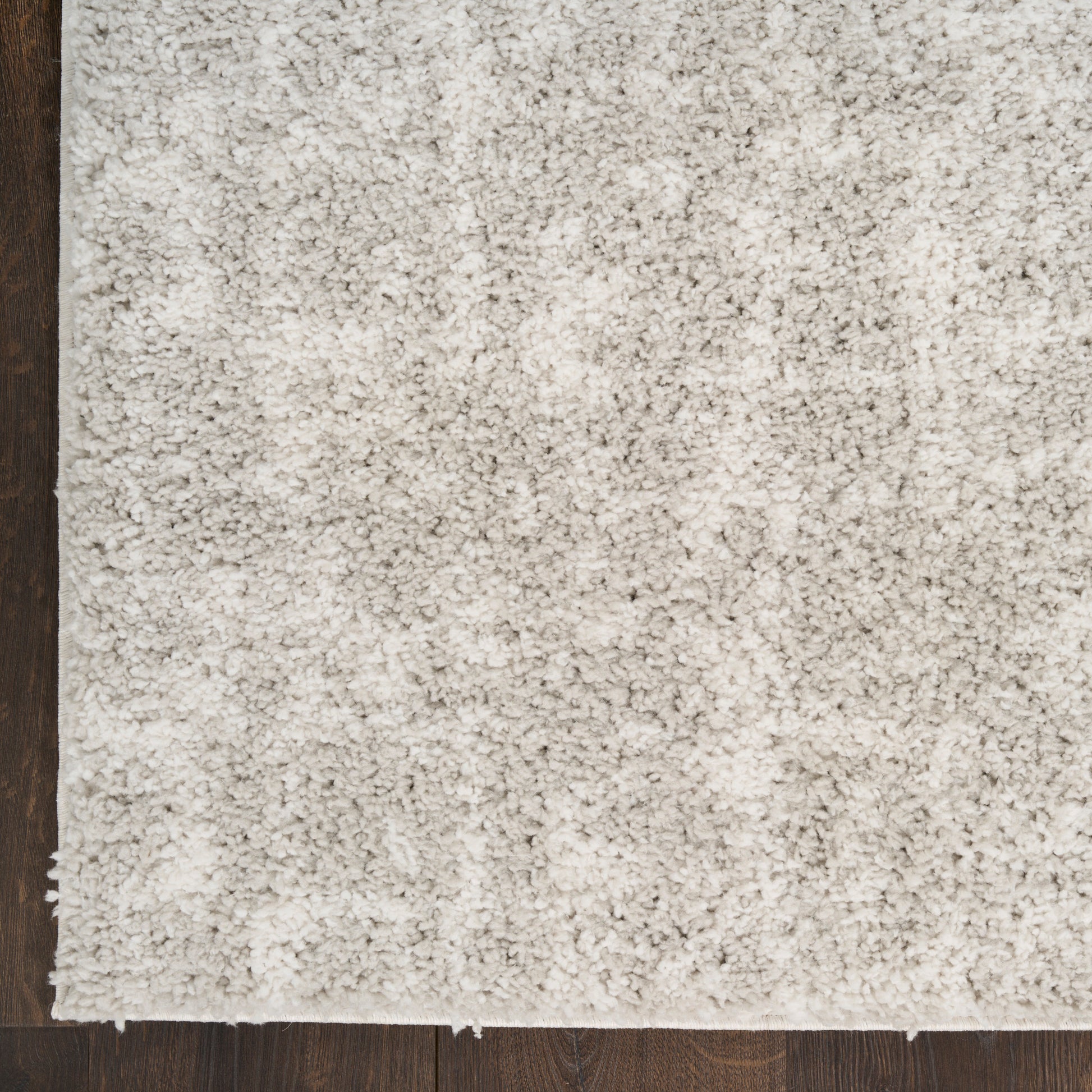 Beige cream shag rug with thick plush pile laid on dark wood flooring; cozy, modern style.