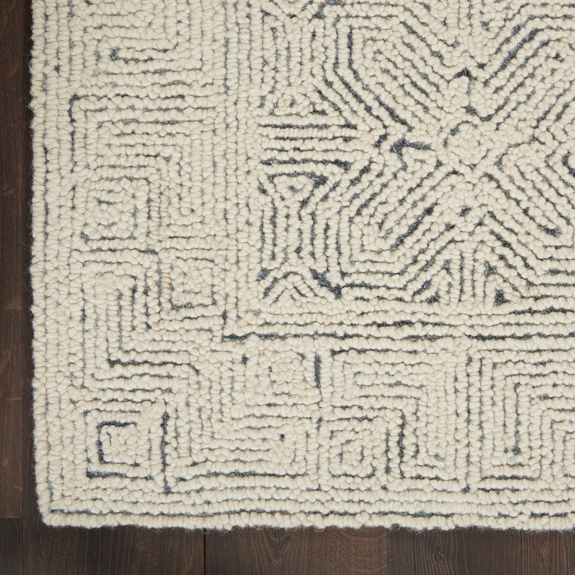 Cream shag rug with blue-gray geometric maze patterns and border, plush looped pile on dark wood floor.