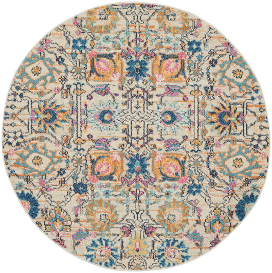 Round rug with ornate oriental-inspired pattern in teal, orange, pink and navy on cream background; boho chic accent piece.