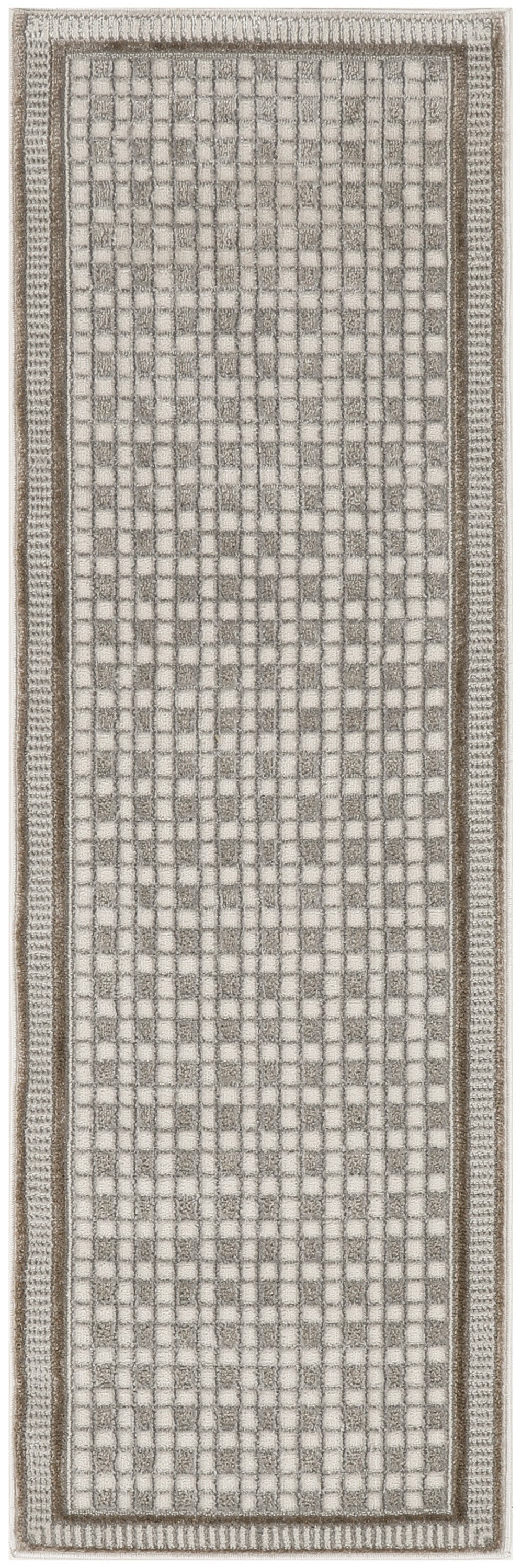 Neutral beige-taupe grid runner rug with textured squares and double brown border for modern hallway decor.