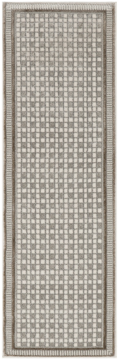 Neutral beige-taupe grid runner rug with textured squares and double brown border for modern hallway decor.