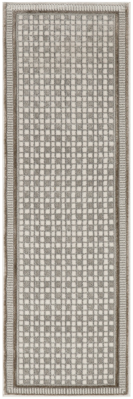Neutral beige-taupe grid runner rug with textured squares and double brown border for modern hallway decor.