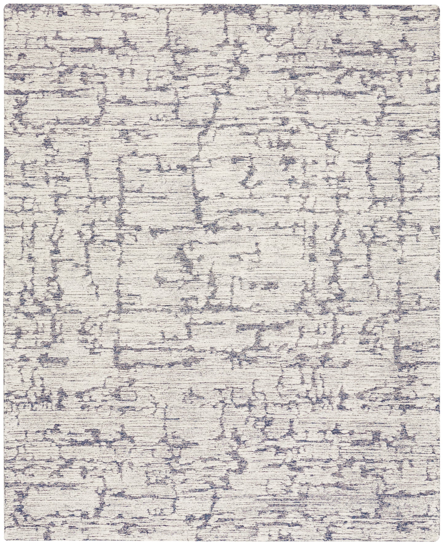 Beige area rug with abstract gray-blue cracked pattern and soft textured pile, modern distressed style.