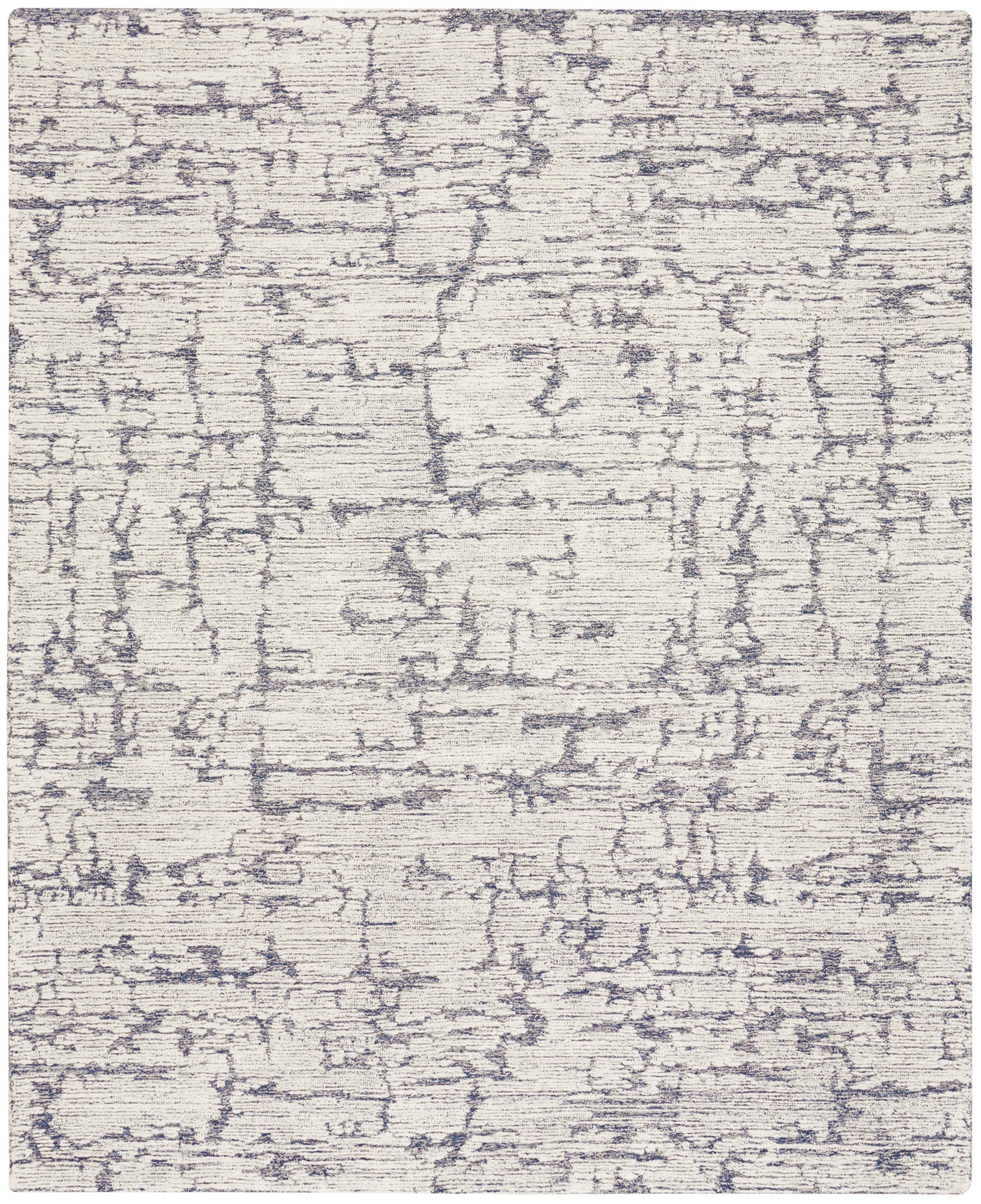 Beige area rug with abstract gray-blue cracked pattern and soft textured pile, modern distressed style.