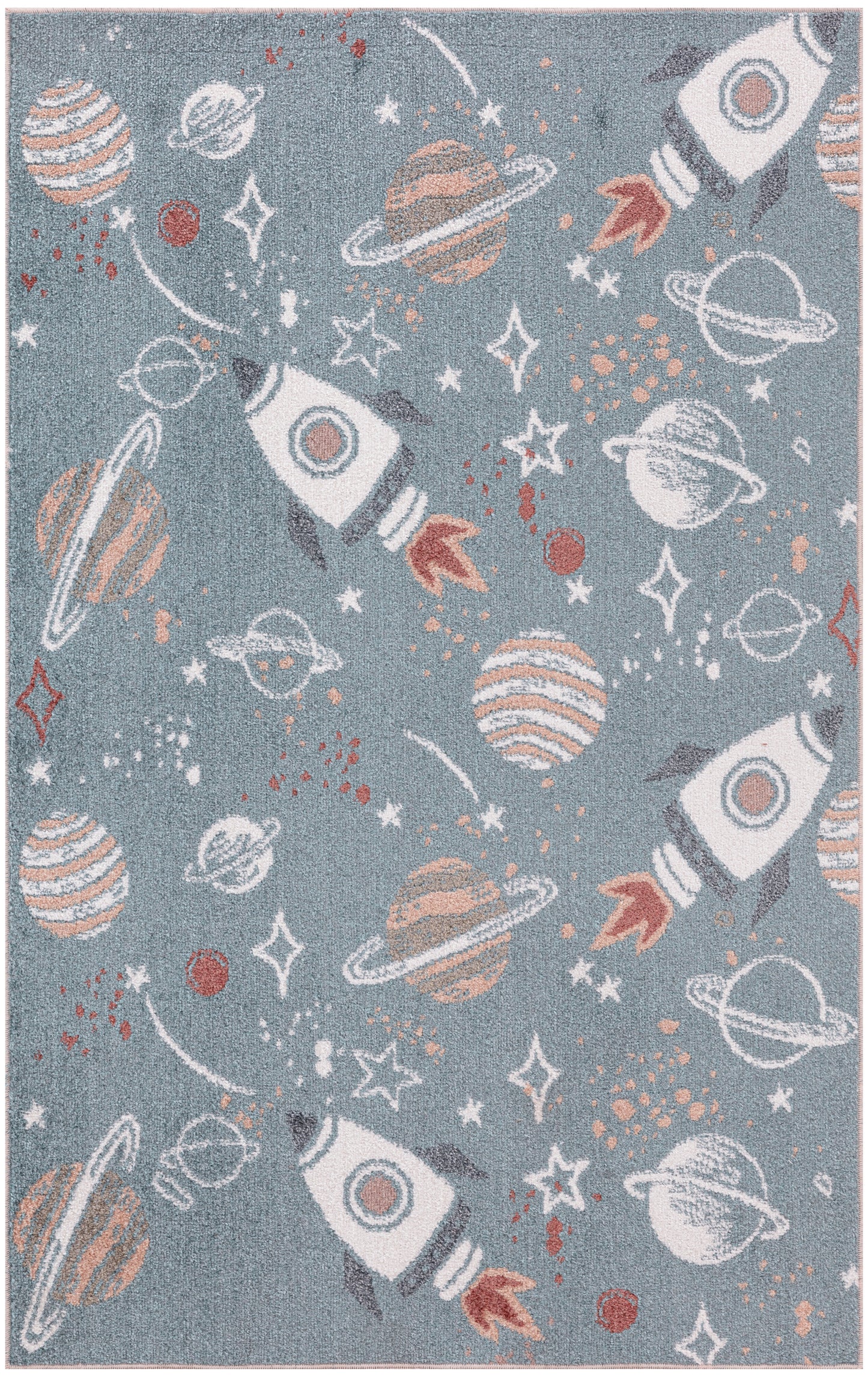 Space-themed blue-gray fabric rug: white rockets, striped planets, stars; playful kids' room decor.