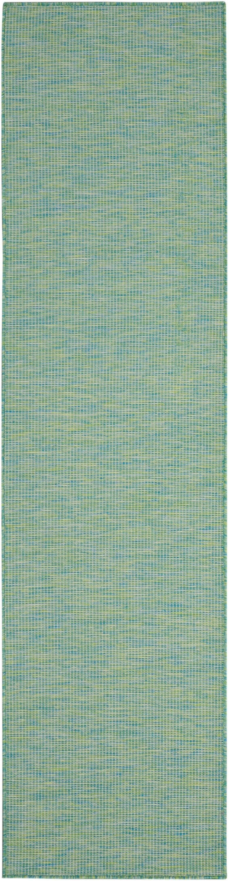 Teal-lime woven runner rug with subtle grid texture; rectangular, modern coastal-style decor for hallway or entry.