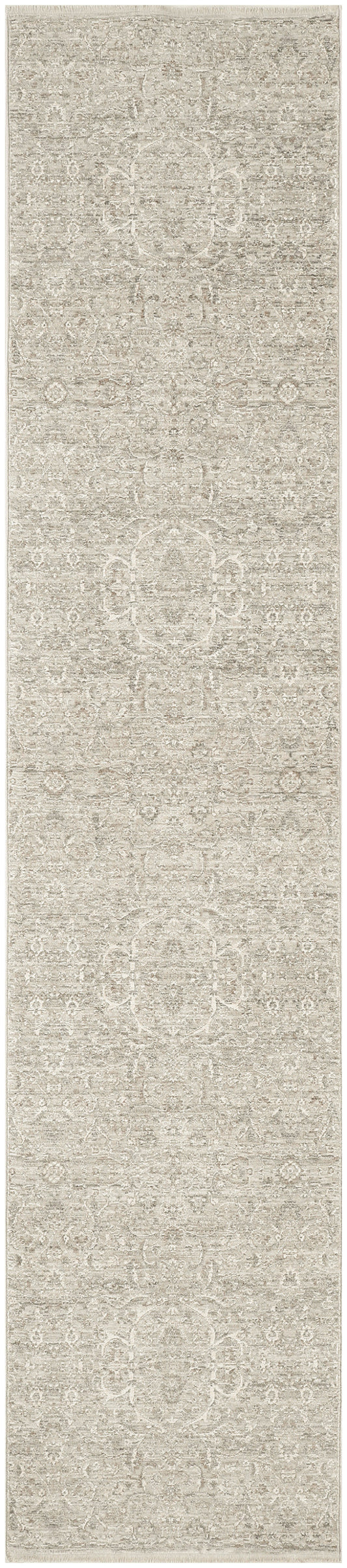 Beige Persian-style runner rug with subtle ivory medallions and ornate floral motifs.