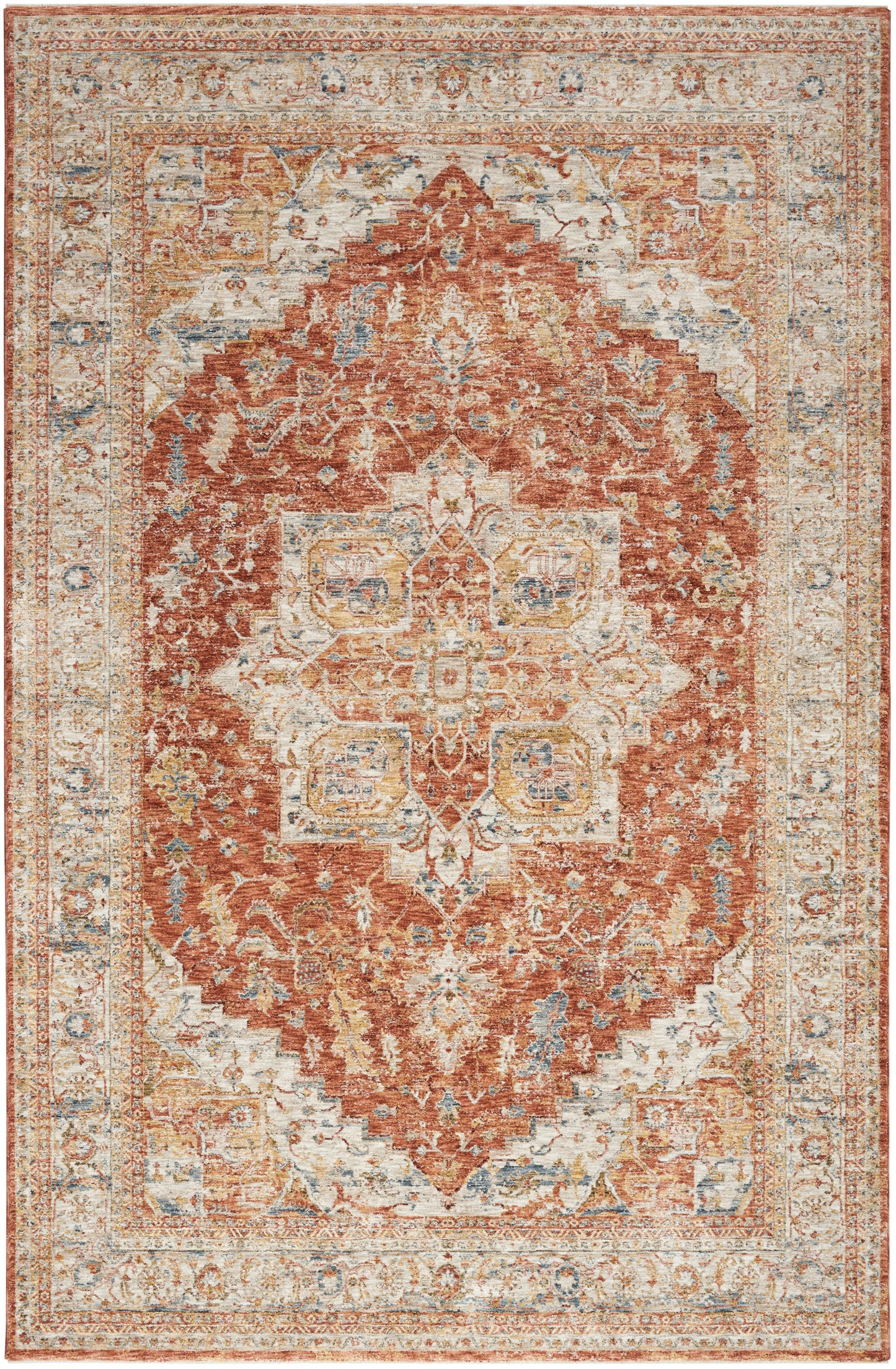 Vintage distressed oriental rug with rust-red central medallion, ivory and blue accents, and ornate floral border.