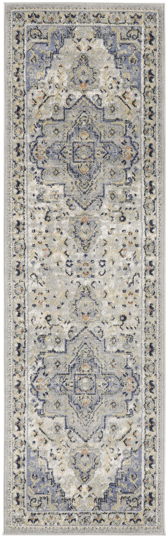 Long Persian-inspired rug runner in blue, ivory and beige with central medallion motif and floral border.