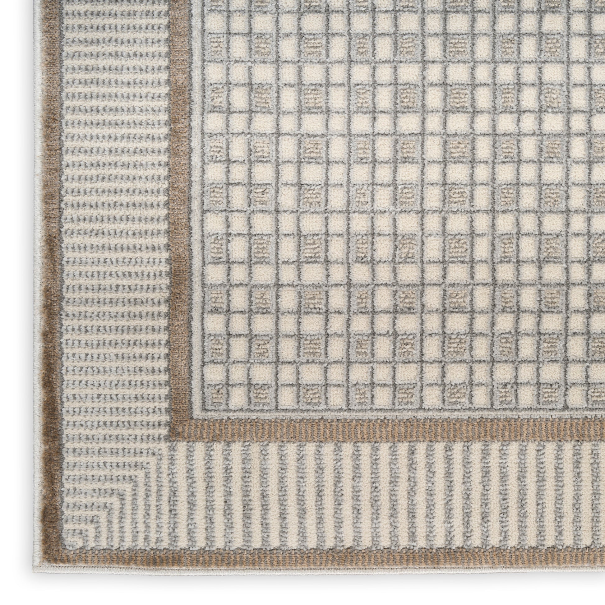 Beige and gray woven rug with square grid pattern and tan border.