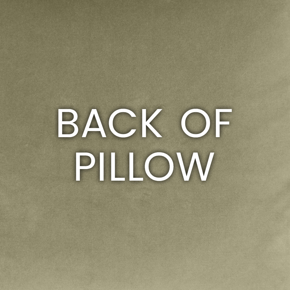Beige textured fabric pillow with white uppercase "BACK OF PILLOW" text.