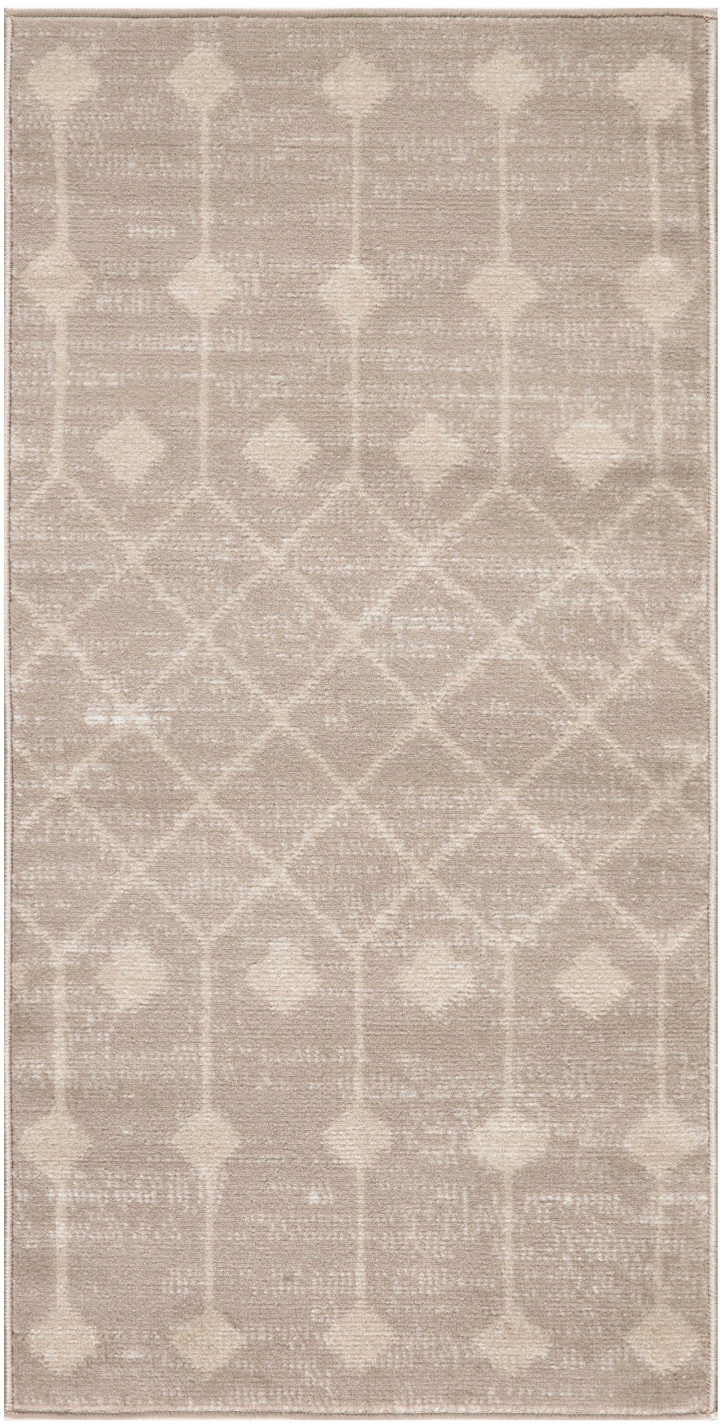 Beige area rug with subtle ivory diamond trellis pattern and soft geometric motif.