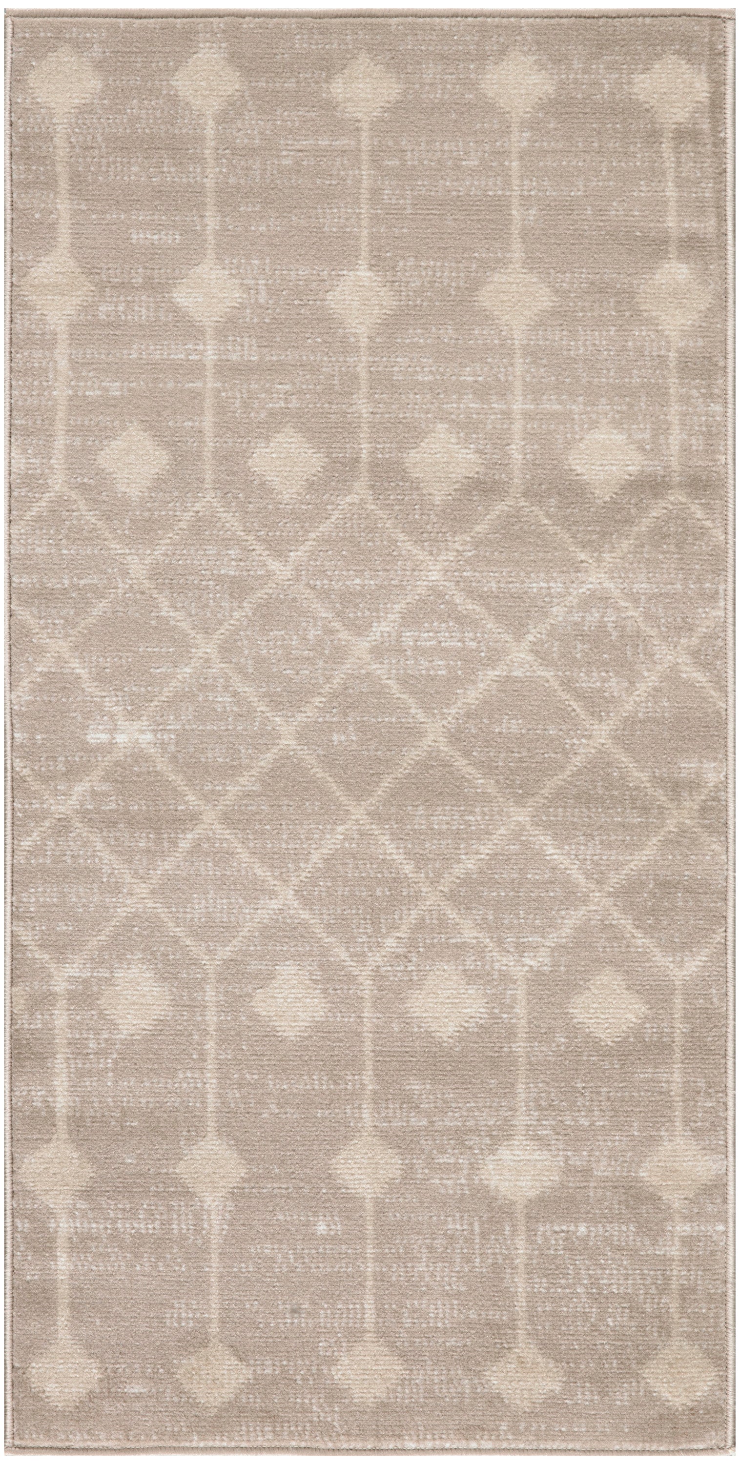 Beige area rug with subtle ivory diamond trellis pattern and soft geometric motif.