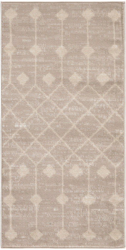 Beige area rug with subtle ivory diamond trellis pattern and soft geometric motif.
