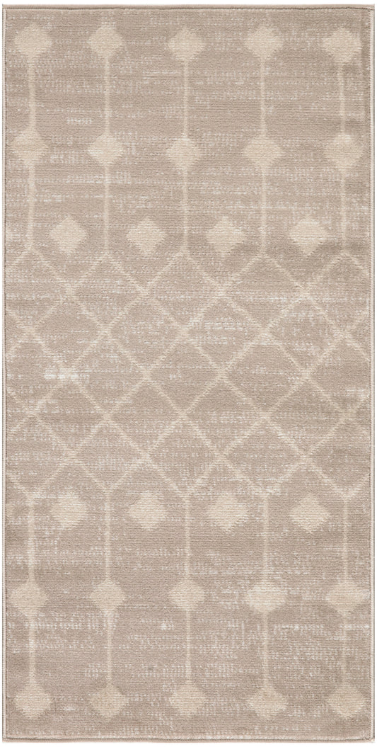 Beige area rug with subtle ivory diamond trellis pattern and soft geometric motif.
