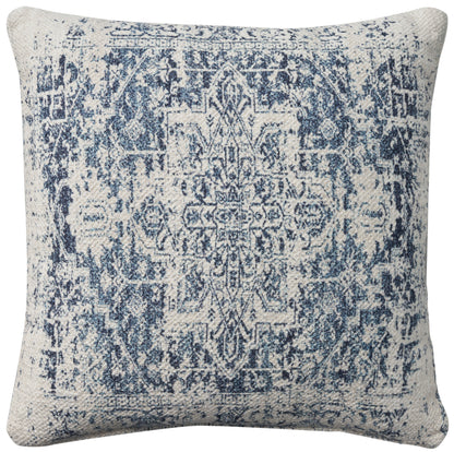 Ivory and navy distressed Persian rug pattern square throw pillow for sofa or bed.