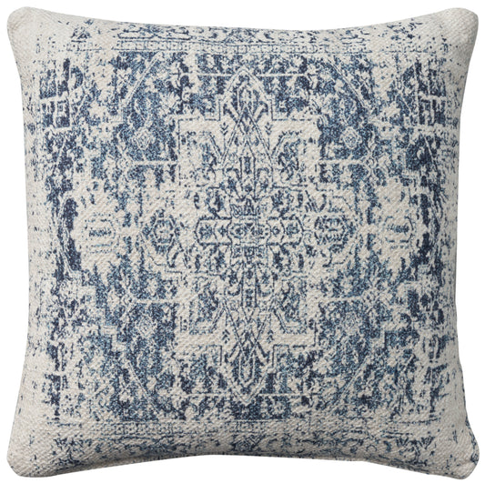 Ivory and navy distressed Persian rug pattern square throw pillow for sofa or bed.