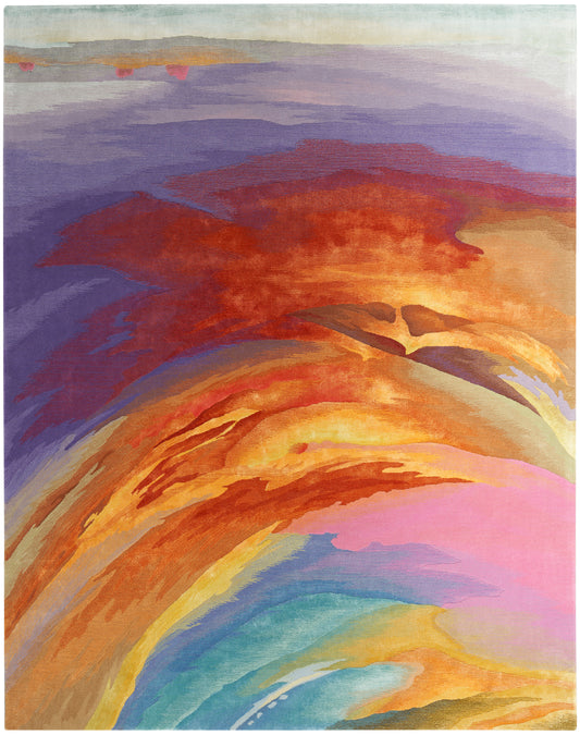 Abstract rug design with sweeping orange, purple, pink, yellow and blue arc bands.